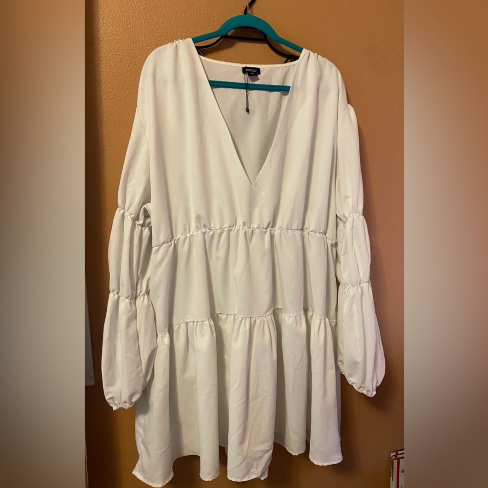 Boohoo white dress with 3 tiers, ruffle hem, and puffy long sleeves
